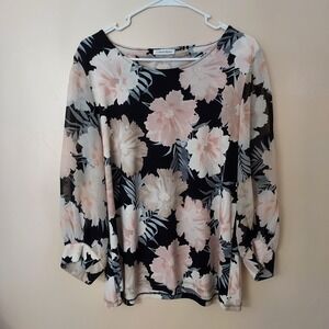 Calvin Klein Floral Long Sleeve Blouse Black Pink Women's Top Large‎